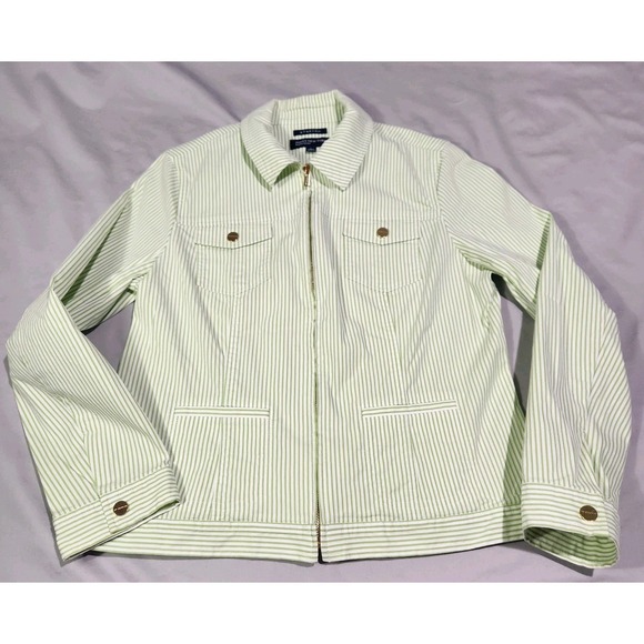 Jones New York Jackets & Blazers - Jones New York Seersucker Green & White Striped Zip Up Blazer Jacket Large